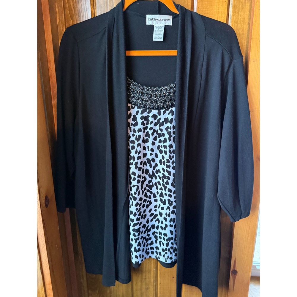 Cathy Daniels Black Cardigan and Animal Print Beaded Top‎ size Large